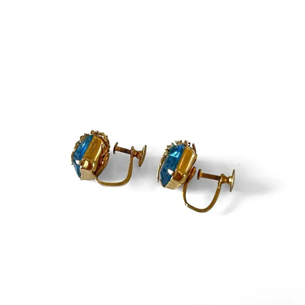 Vintage Coro Blue Crystal Gold Leaf Screwback Earrings